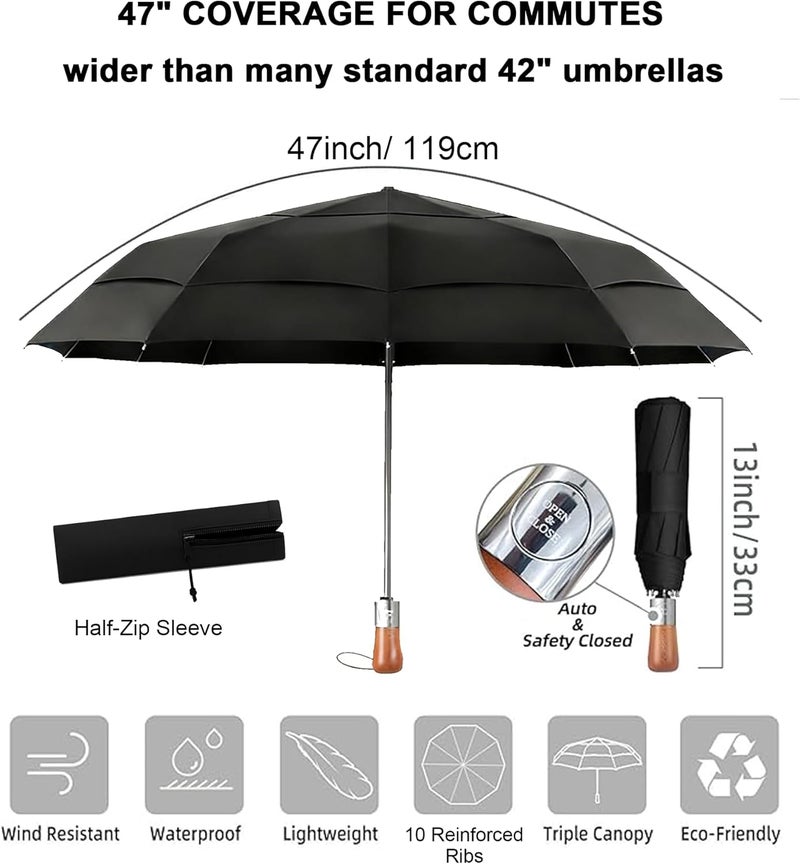 MasterUmbrella 3-Layer Vented Canopy Windproof Commuter Umbrella for Rain, Auto Open/Close, 10 Fiberglass Ribs, Wooden Handle, 13" Folded, 47" Large Coverage for 1–2 People, Lifetime Replacement - Image 2